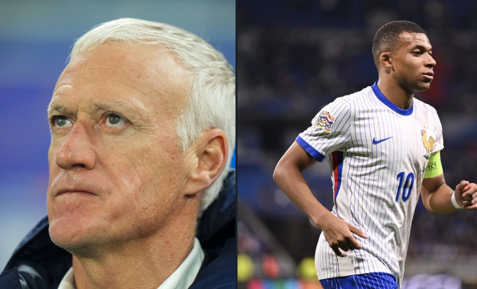 Didier Deschamps regarde l’écran géant du Stade de France et Kylian Mbappé court avec l’équipe de France de football