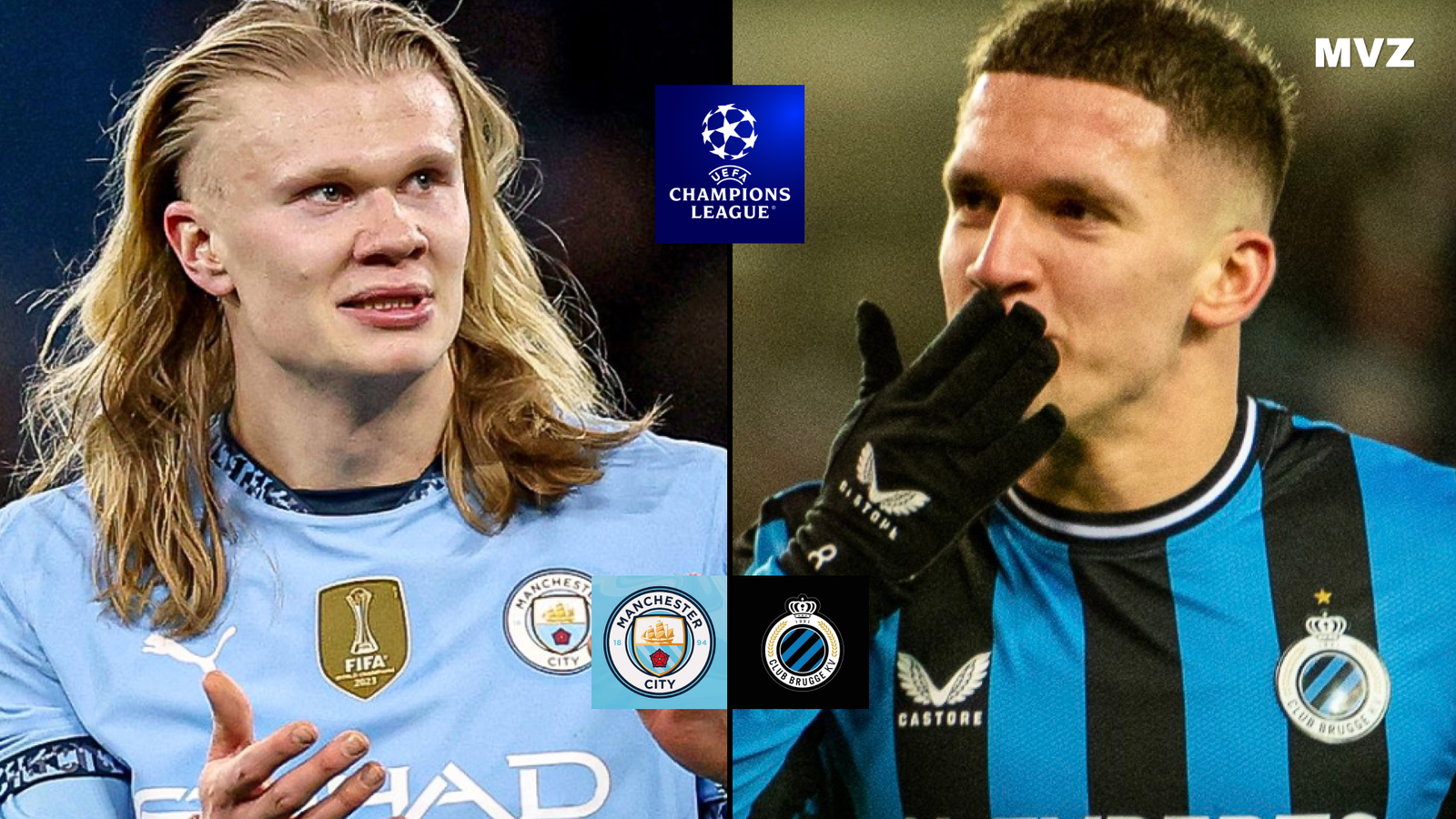 Erling Haaland attaquant de Manchester City et Christian Tzolis attaquant Club Bruges en Ligue des Champions