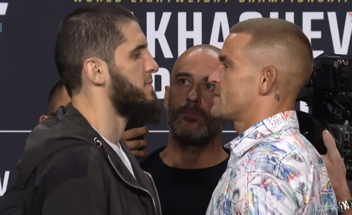 Face à face entre Islam Makhachev et Dustin Poirier avant leur affrontement à l’UFC 302 