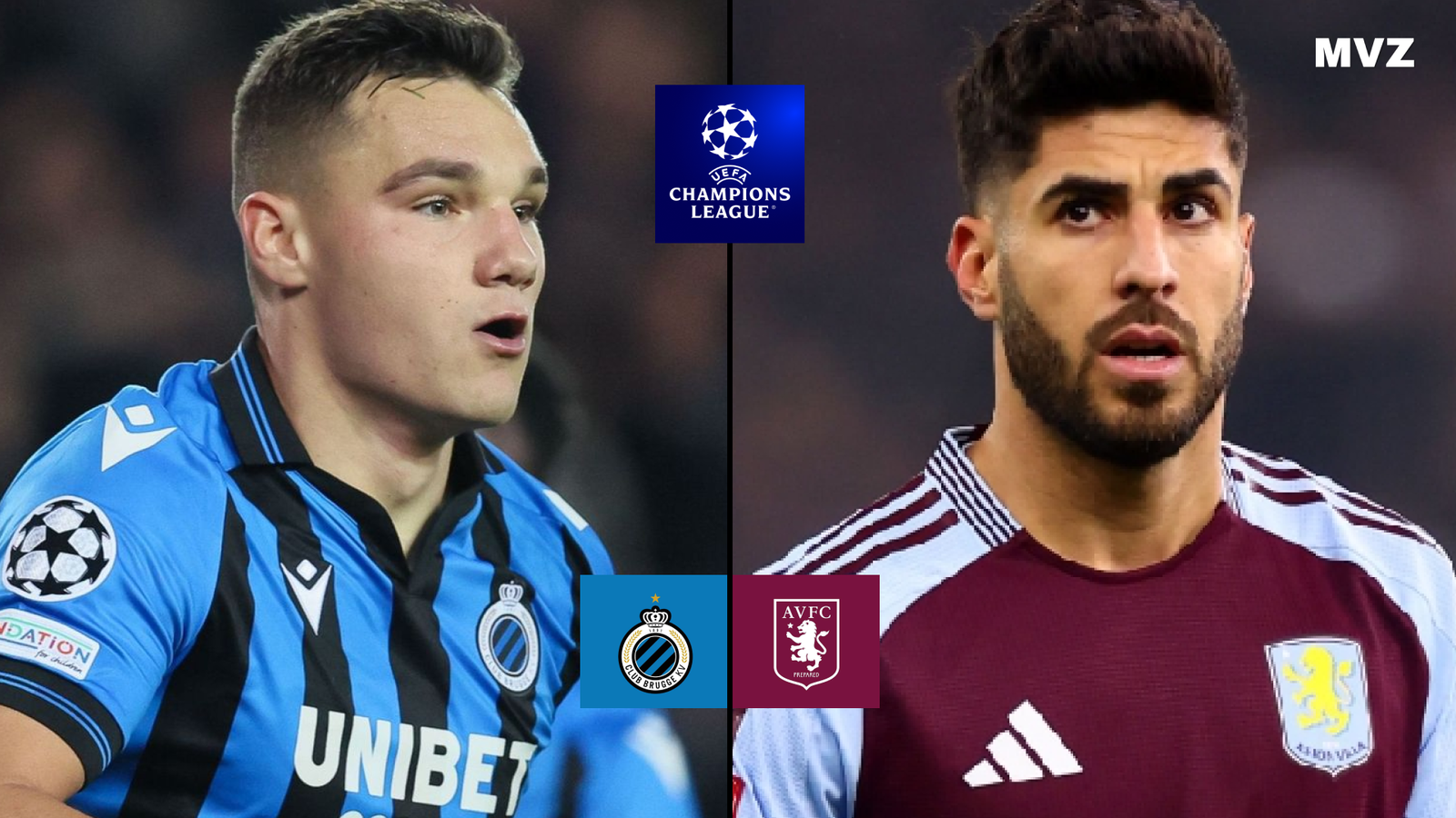 Ferran Jutgla avec Club Bruges face à Marco Asensio d’Aston Villa en Ligue des Champions