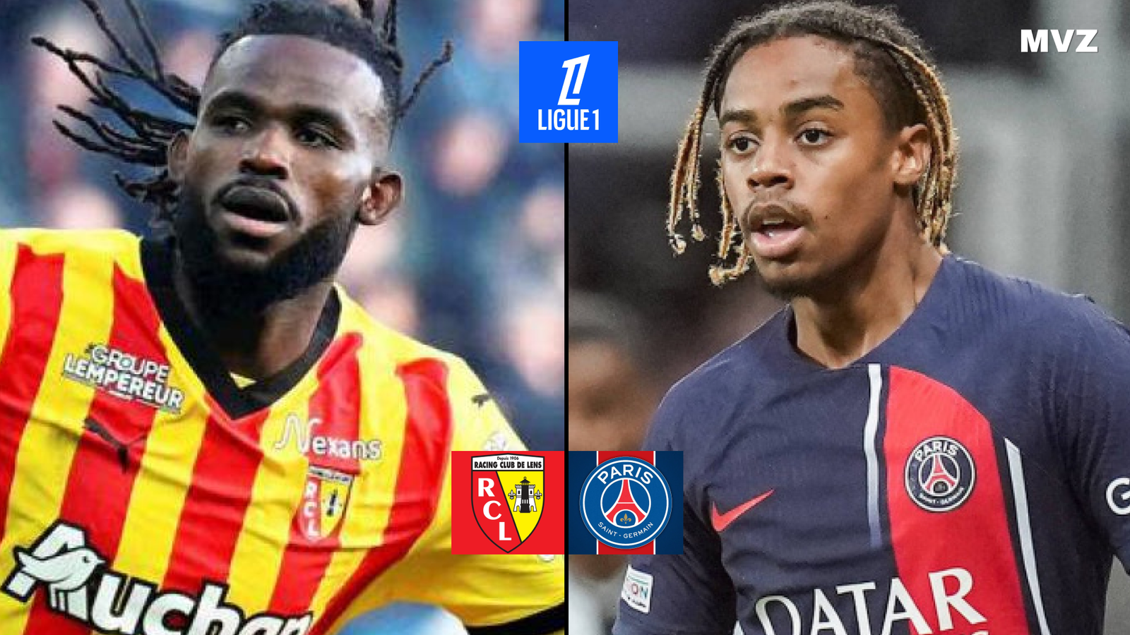 Goduine Koyalipou attaquant du RC Lens face à Bradley Barcola du Paris Saint-Germain en Ligue 1