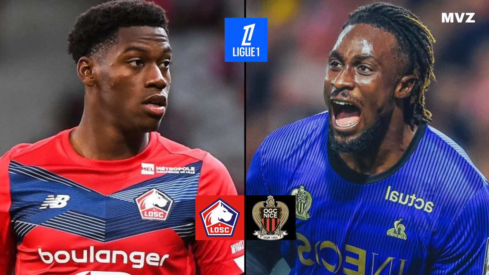 Jonathan David avec le LOSC Lille et Evann Guessand attaquant de l’OGC Nice en Ligue 1