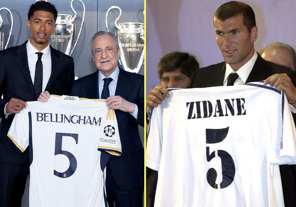 Jude Bellingham et Zinédine Zidane lors de leur signature respective au Real Madrid avec le numéro 5