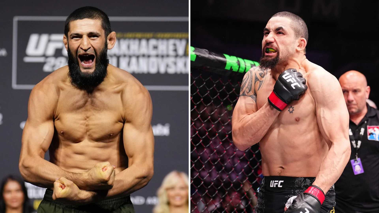 Khamzat Chimaev contacte ses muscles à gauche et à droite Robert Whittaker tape sur son torse après sa victoire en MMA à l’UFC