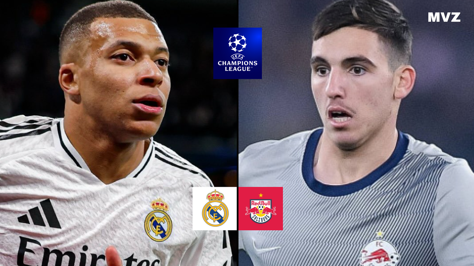 Kylian Mbappé attaquant du Real Madrid et Oscar Gloukh du Red Bull Salzbourg en Ligue des Champions