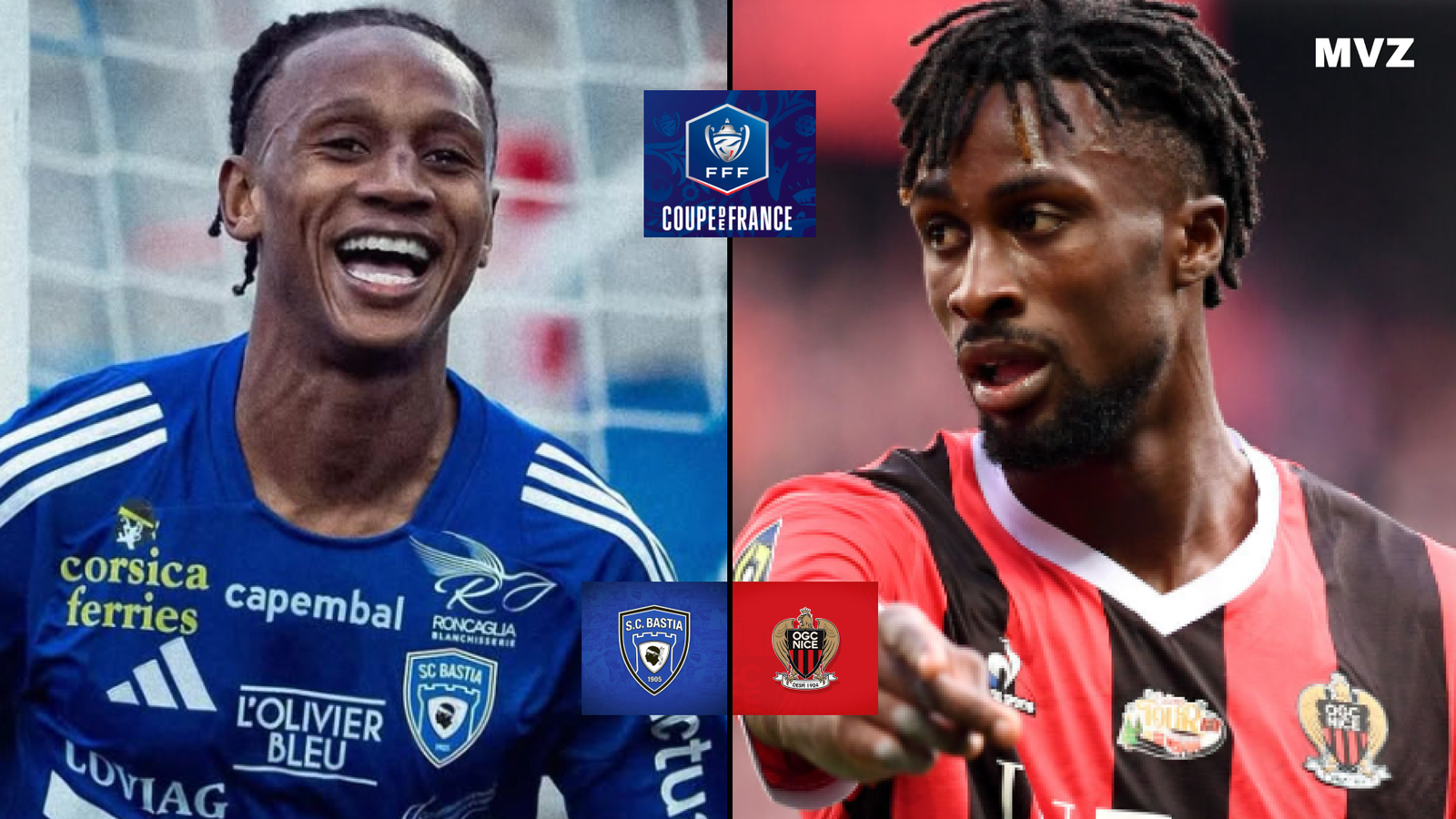 Lamine Cissé avec Bastia face à Evann Guessand de l’OGC Nice en Coupe de France