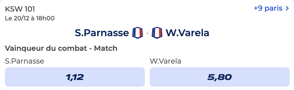 Les cotes du combat de MMA entre Parnasse et Varela au KSW 101