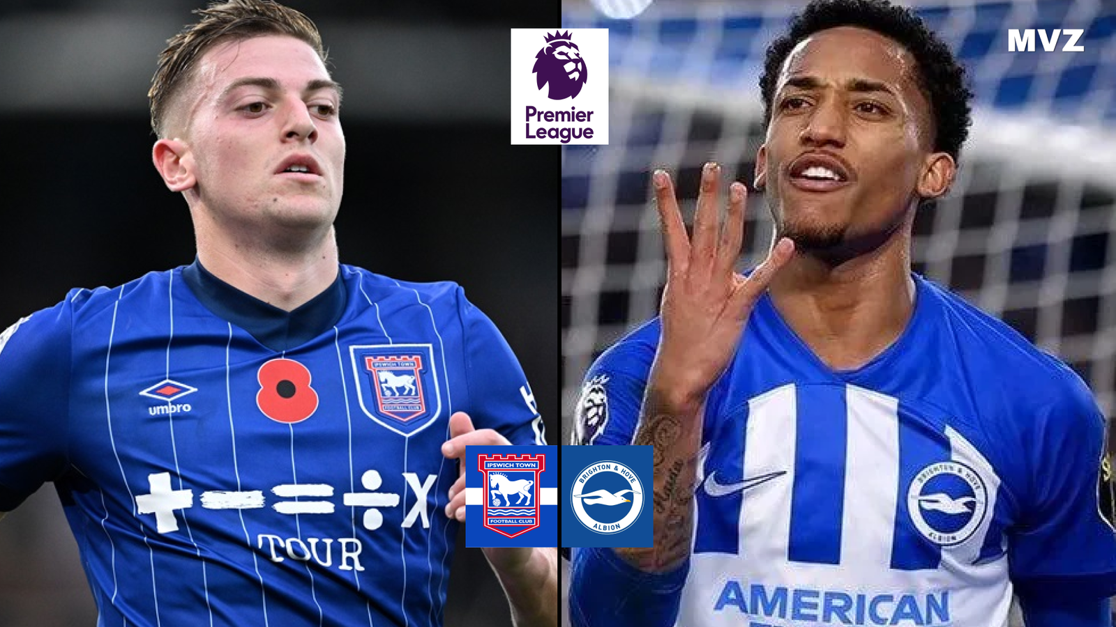Liam Delap attaquant de Ipswich face à Joao Pedro attaquant de Brighton en Premier League