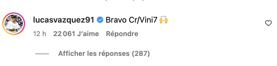 Lucas Vazquez sous la publication instagram de Vinicius qui le compare à CR7