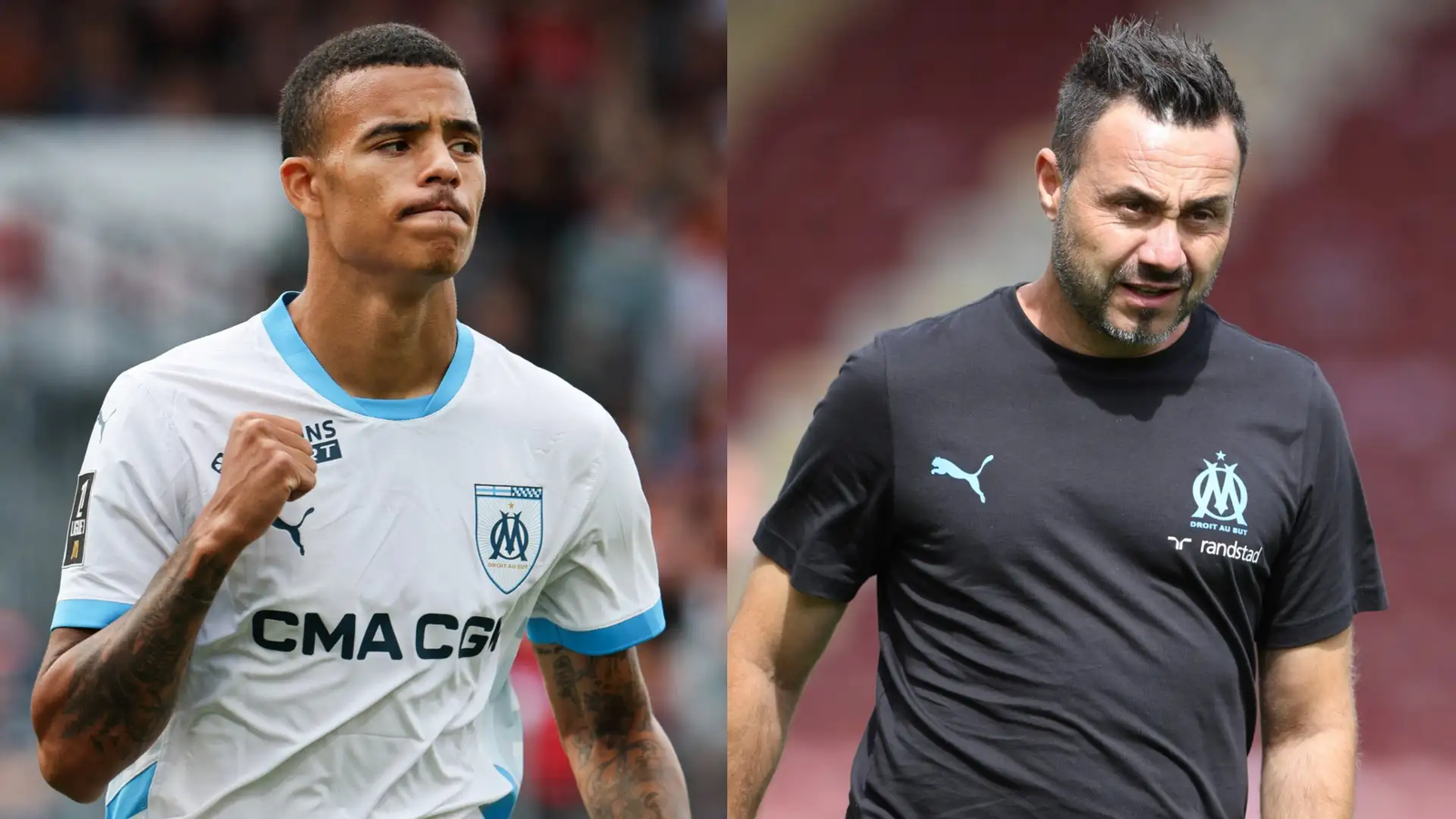 Mason Greenwood après un but avec Marseille et Roberto De Zerbi son entraîneur
