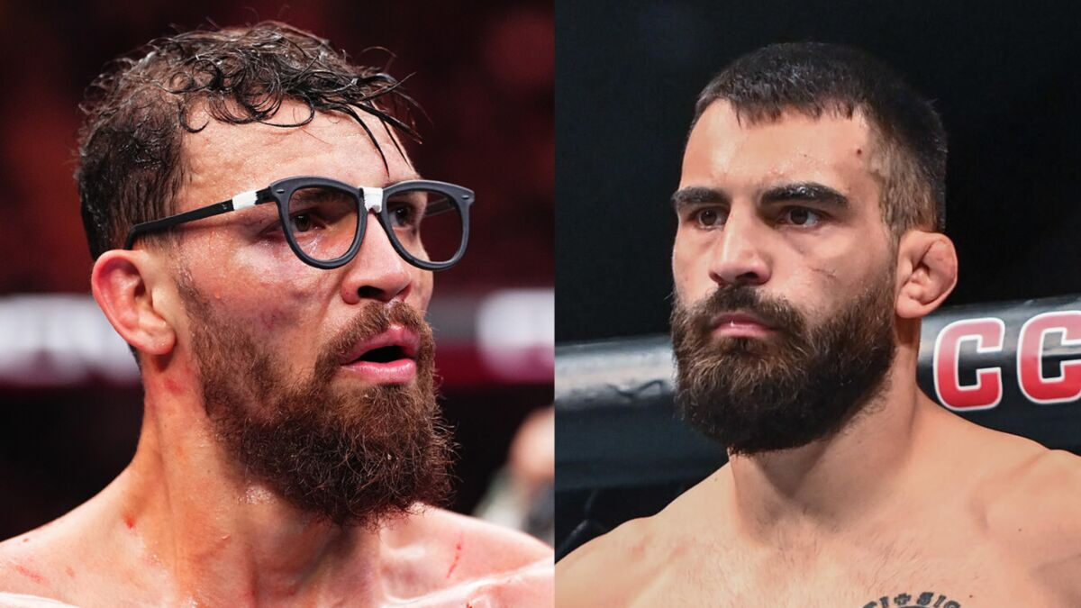 Mauricio Ruffy et Benoît Saint Denis dans la cage de MMA à l’UFC