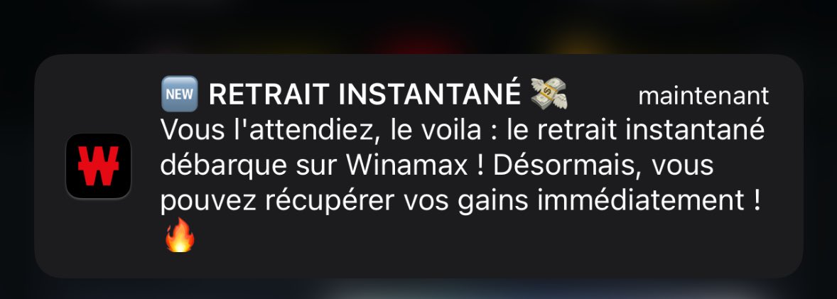 Message Winamax qui annonce la mise en place du retrait instantané 