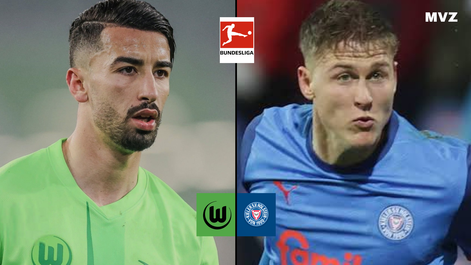 Mohamed Amoura avec Wolfsburg face à un joueur de Holstein Kiel en Bundesliga