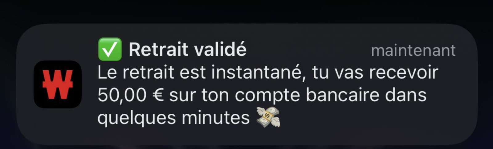 Notification de Winamax pour un retrait instantané de 50 euros