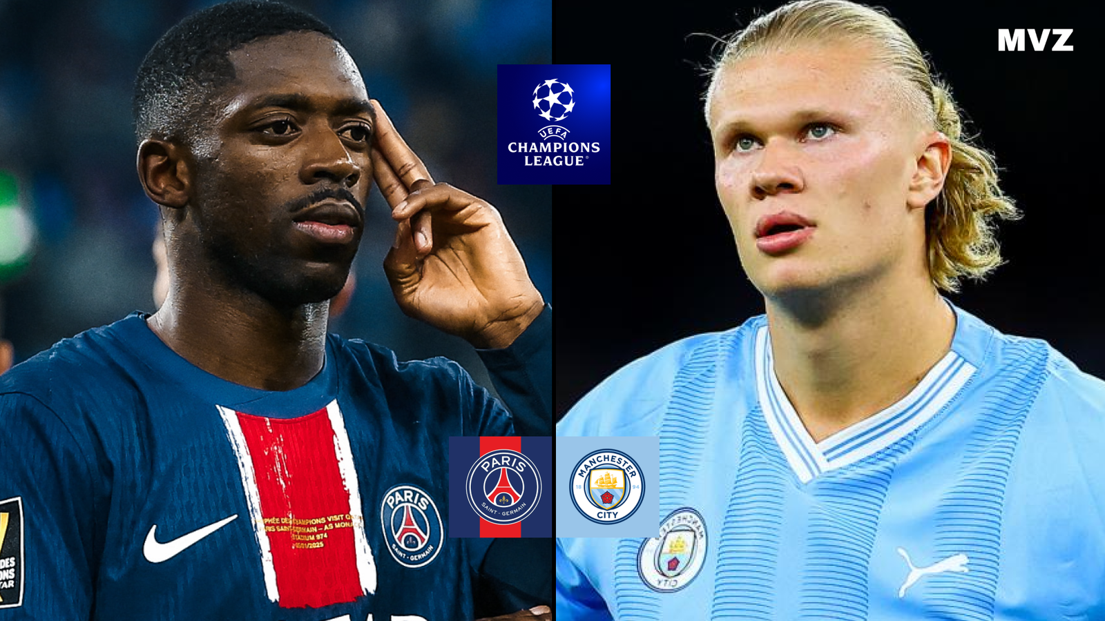 Ousmane Dembélé attaquant du PSG face à Erling Haaland attaquant de Manchester City en Ligue des Champions
