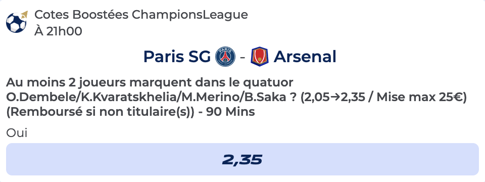 Parions Sport booste une cote sur les buteurs du match retour entre le PSG et Arsenal en Ligue des Champions