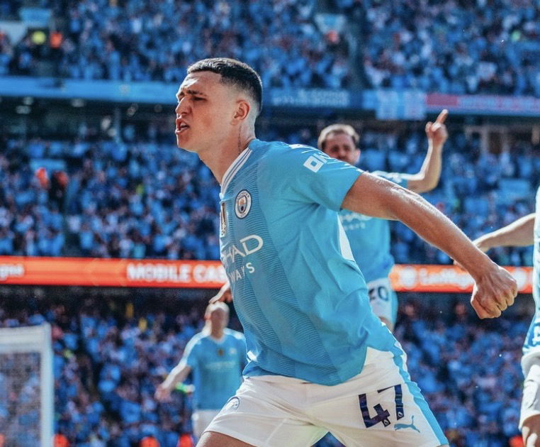 Phil Foden célèbre son but face à West Ham pour le titre 19 mai 2024