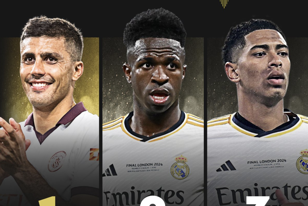 Podium du Ballon d’Or 2024 avec Rodri, Vinicius et Bellingham