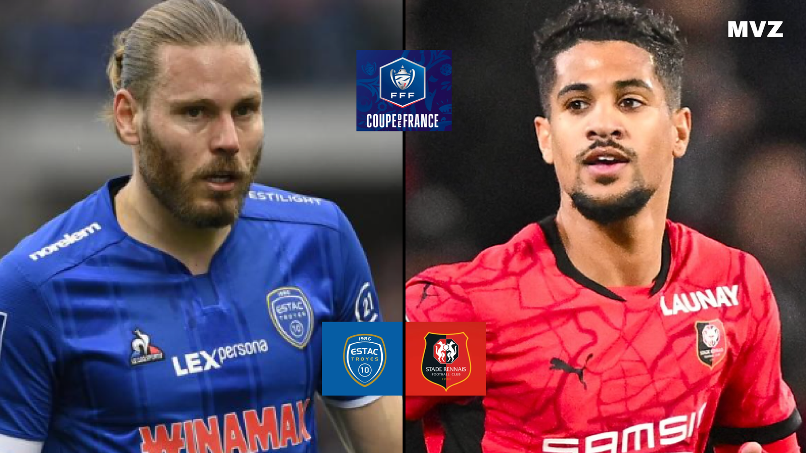 Renaud Ripart attaquant de Troyes face à Ludovic Blas du Stade Rennais en Coupe de France