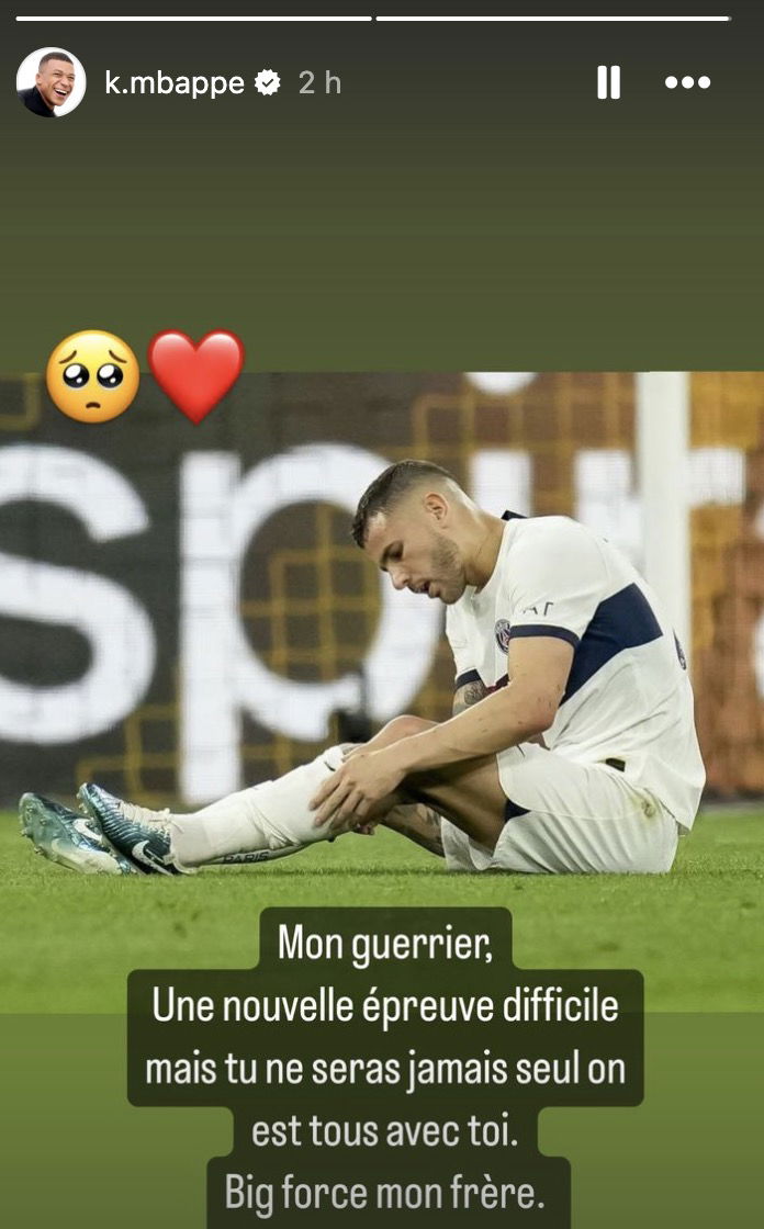 Story instagram de Kylian Mbappé en soutient à Lucas Hernandez après sa blessure avec le PSG