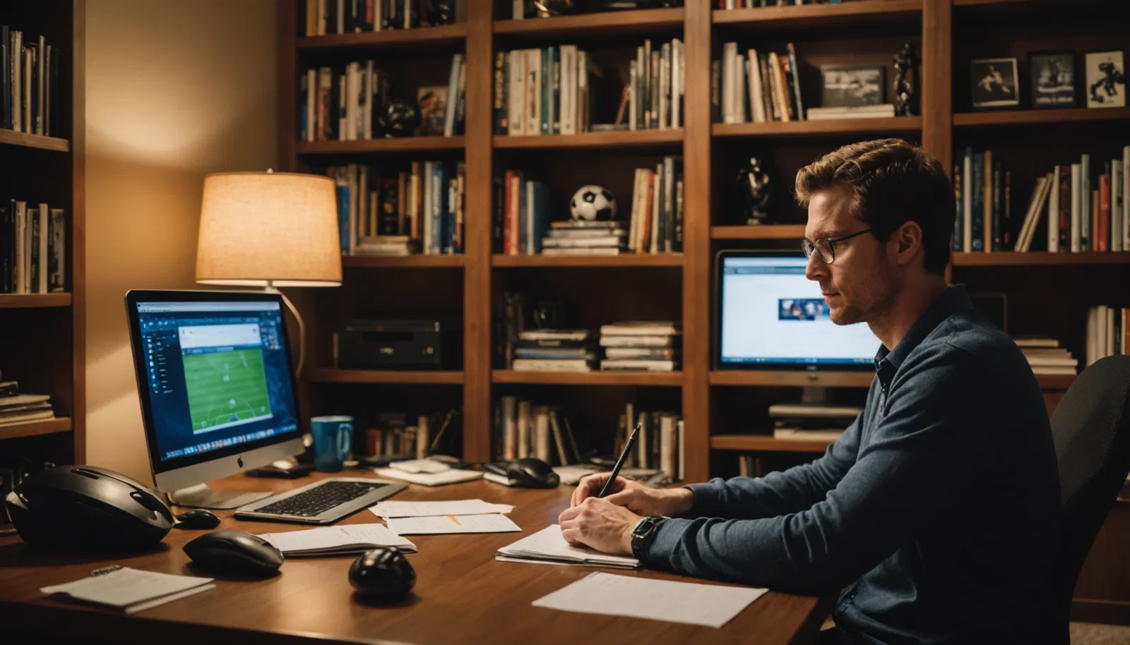 Un homme assit à son bureau qui écrit sur un papier en analysant un match de football