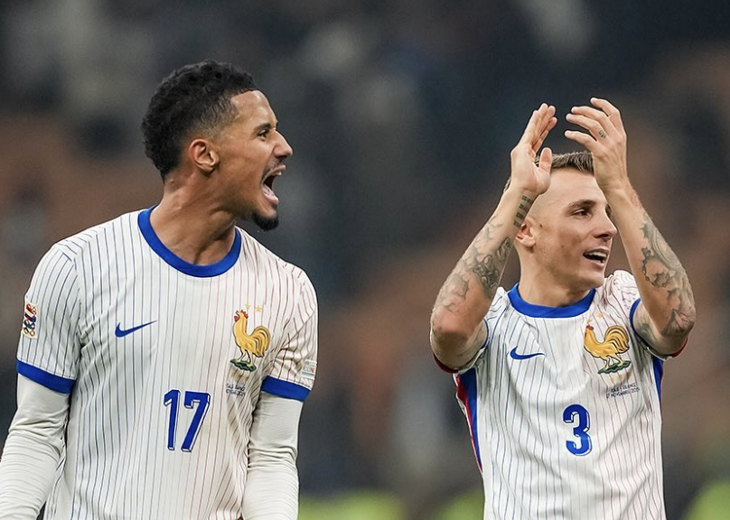 William Saliba et Lucas Digne fêtent la victoire de la France face à l’Italie en Ligue des Nations